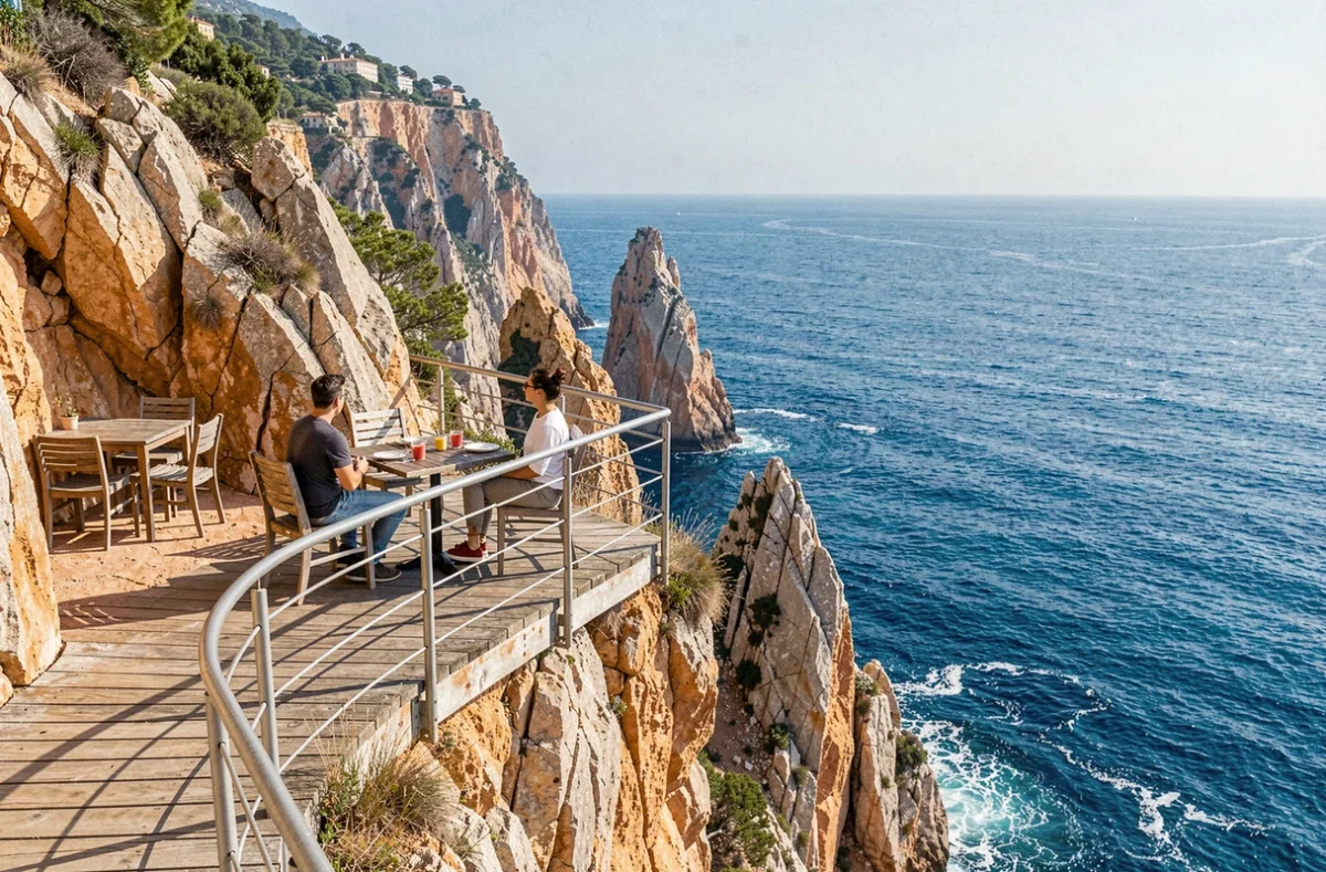 Terrasse du restaurant Le Plongeoir à Nice perchée sur des falaises rocheuses au-dessus de la mer Méditerranée avec un couple attablé face à l'horizon azuréen