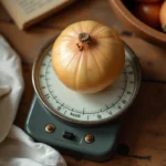 Oignon jaune posé sur une balance de cuisine vintage avec carnet de recettes manuscrit sur plan de travail en bois