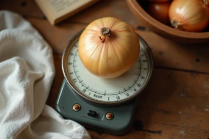 Oignon jaune posé sur une balance de cuisine vintage avec carnet de recettes manuscrit sur plan de travail en bois