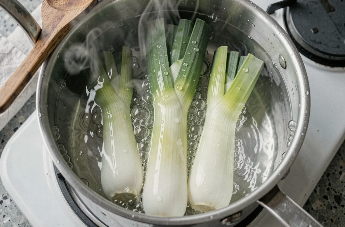 Vue aérienne de poireaux entiers en train de cuire dans une casserole en inox avec de l'eau frémissante et de la vapeur