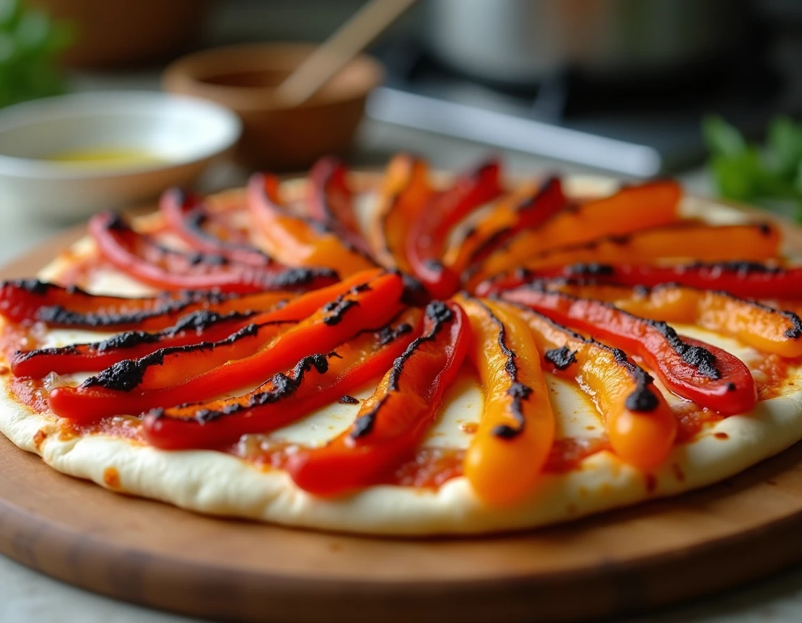 Lanières de poivrons grillés et caramélisés disposées sur une pizza margherita avant cuisson