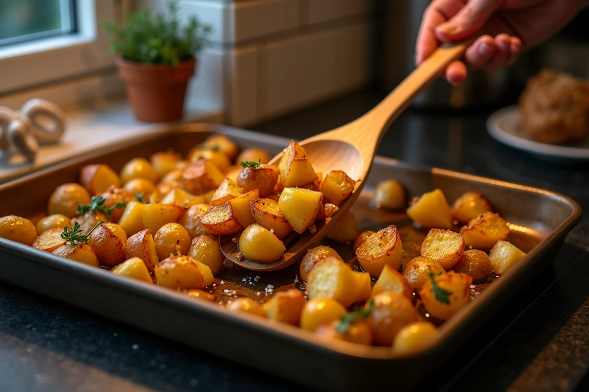 Gros plan sur des pommes de terre croustillantes dans un plat en terre cuite