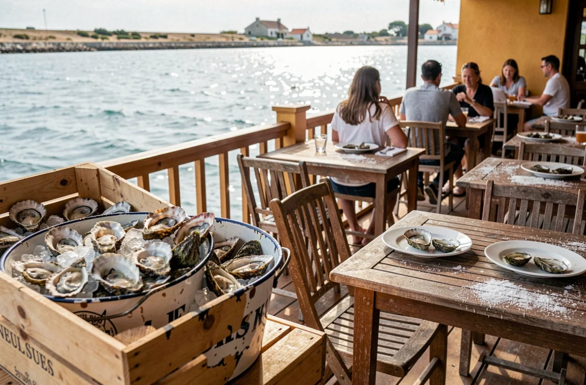 Terrasse de fruits de mer de Port Lauzières à Nieul-sur-Mer avec huîtres fraîches sur glace et vue sur le Pertuis Breton
