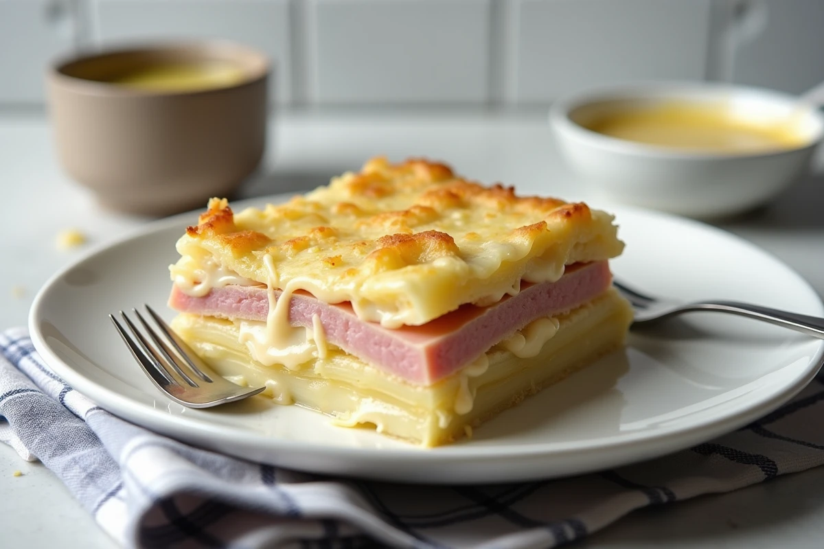 Portion d'endive au jambon gratinée en coupe transversale révélant les couches de béchamel et fromage fondu
