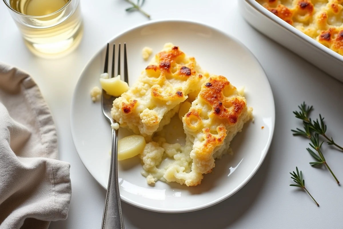 Vue de dessus d'une portion de gratin chou-fleur et pomme de terre fondant sur une assiette blanche, révélant les couches crémeuses et la croûte dorée au fromage