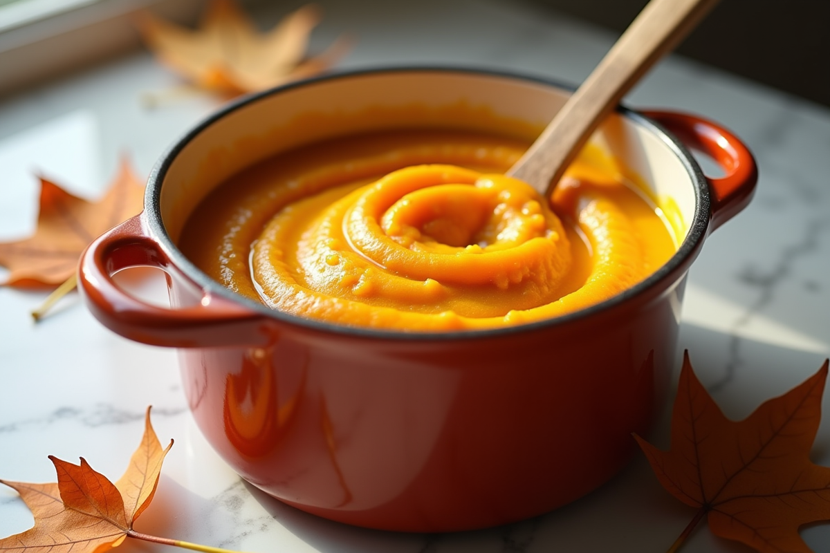 Cocotte en émail remplie de purée de citrouille maison avec cuillère en bois et feuilles d automne