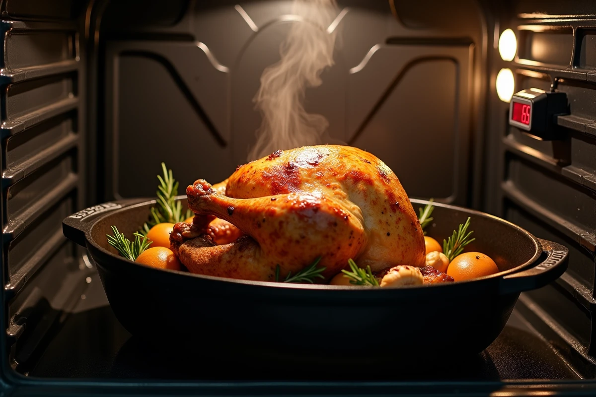 Poulet entier en train de rôtir au four avec une sonde thermomètre numérique mesurant la température interne
