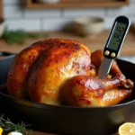 Poulet entier rôti au four dans une cocotte en fonte avec thermomètre à viande inséré dans la cuisse affichant 82°C