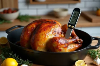 Poulet entier rôti au four dans une cocotte en fonte avec thermomètre à viande inséré dans la cuisse affichant 82°C