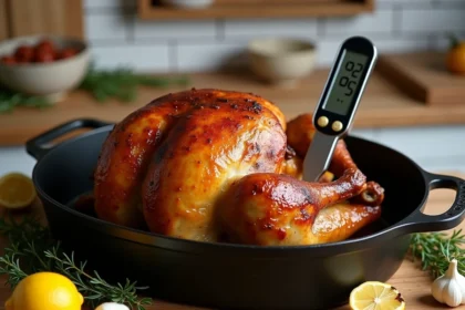 Poulet entier rôti au four dans une cocotte en fonte avec thermomètre à viande inséré dans la cuisse affichant 82°C