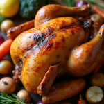 Poulet entier rôti avec légumes racines colorés sur table rustique