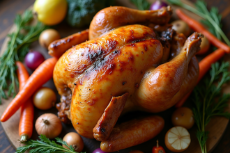 Poulet entier rôti avec légumes racines colorés sur table rustique