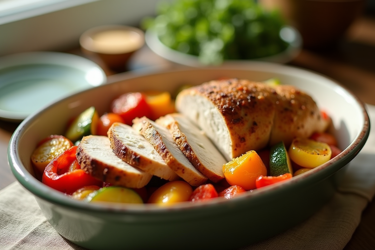 Poulet tranché avec légumes rôtis dans un plat en céramique
