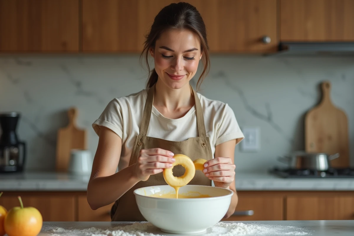 Femme préparant des beignets aux pommes en trempant des rondelles de pomme dans la pâte dans une cuisine moderne