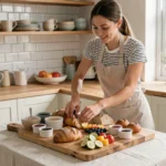 Jeune femme préparant un brunch maison avec des fruits, viennoiseries et confitures sur une planche en bois dans une cuisine lumineuse
