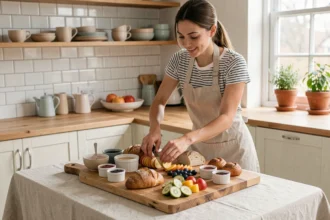 Jeune femme préparant un brunch maison avec des fruits, viennoiseries et confitures sur une planche en bois dans une cuisine lumineuse