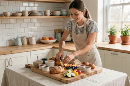 Jeune femme préparant un brunch maison avec des fruits, viennoiseries et confitures sur une planche en bois dans une cuisine lumineuse