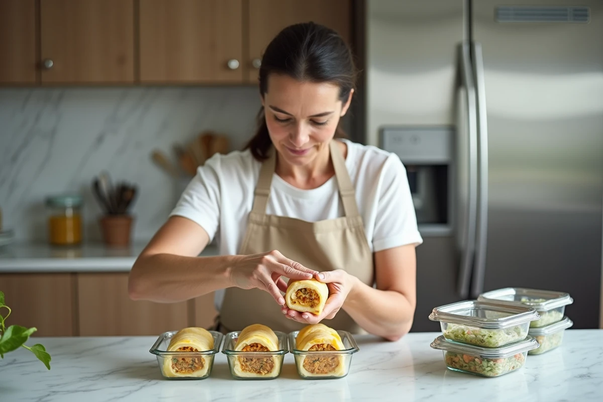 Femme préparant des choux farcis à l'avance dans des boîtes en verre pour meal prep