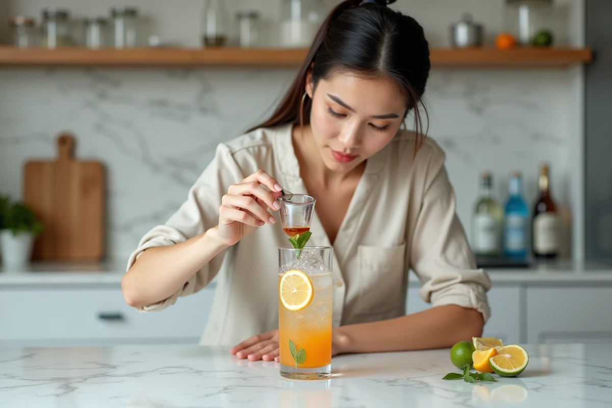 Femme préparant un cocktail maison en mesurant des millilitres dans une cuisine avec comptoir en marbre blanc