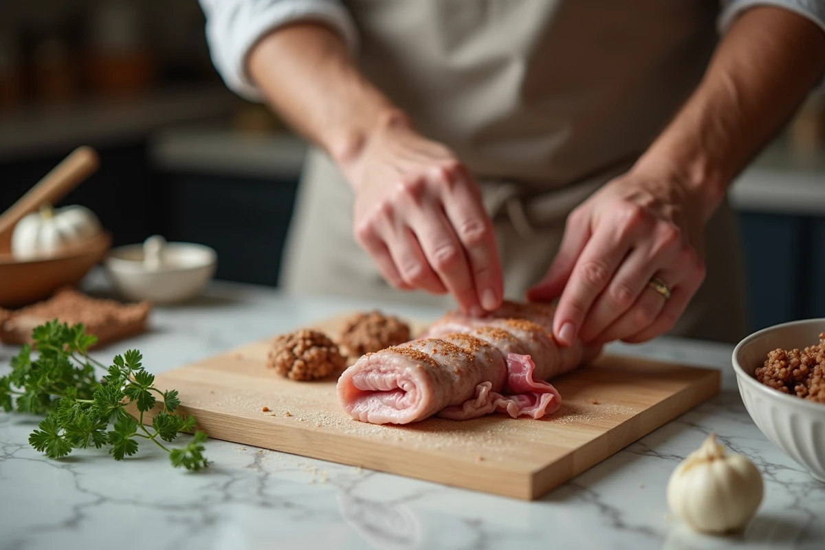 Cuisinier préparant des crépinettes de porc maison en façonnant la crépine autour de la farce sur un plan de travail en marbre