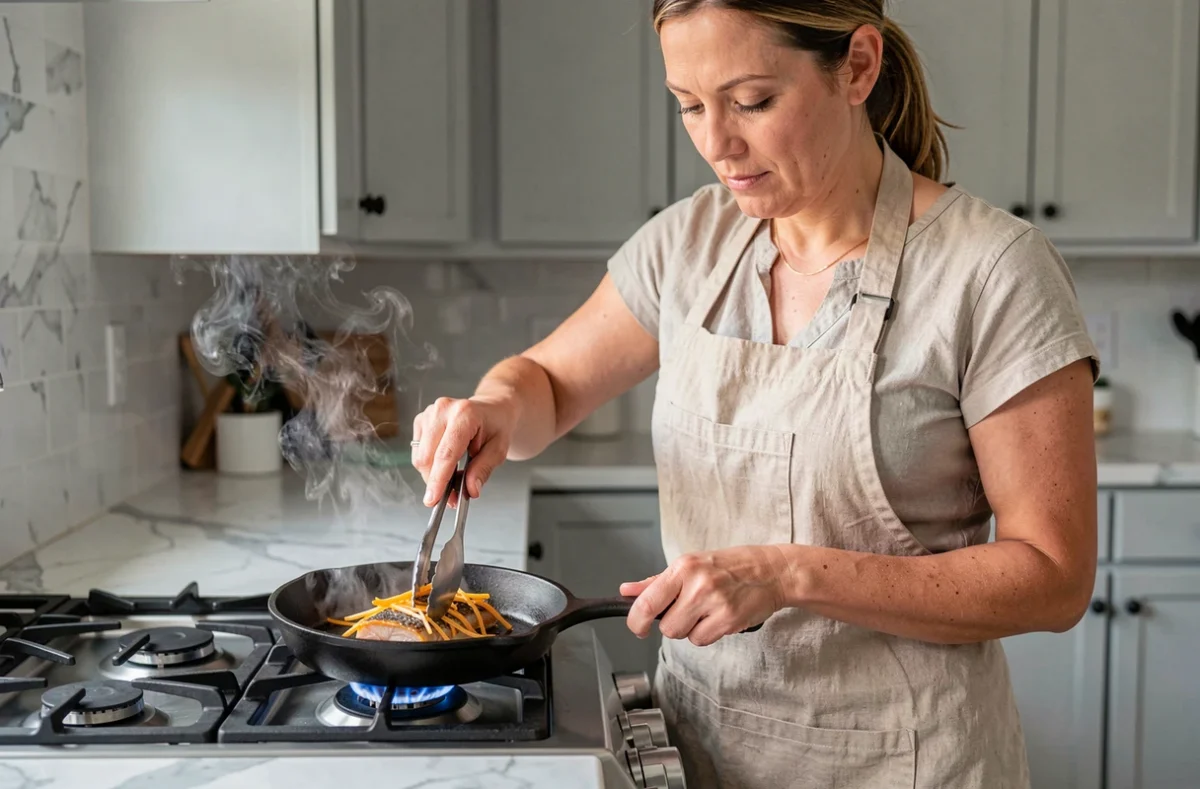 Cuisinière préparant un filet de julienne à la poêle dans une cuisine moderne