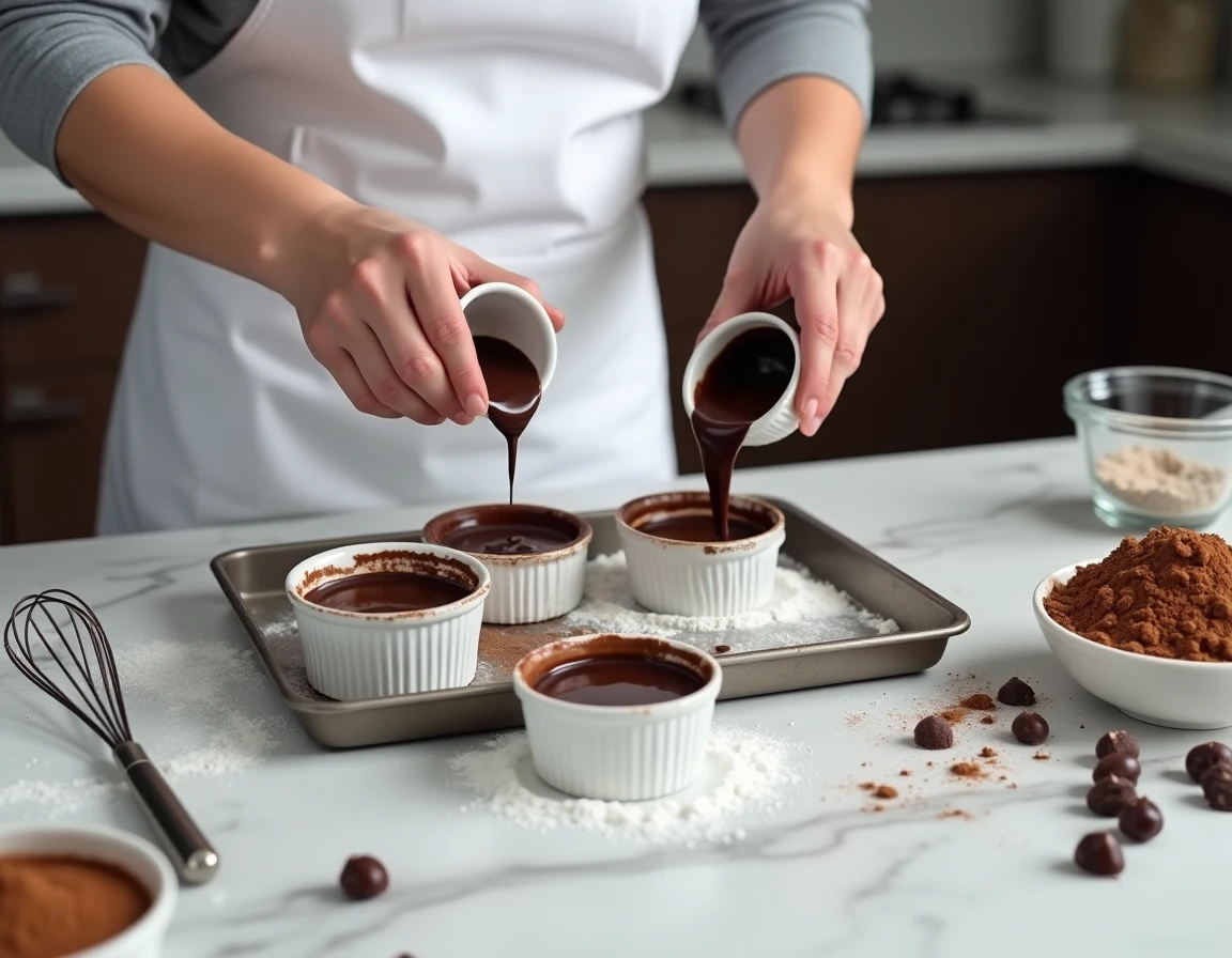 Chef pâtissier versant la préparation de fondant au chocolat dans des ramequins avec des éclats de noisettes en cuisine professionnelle