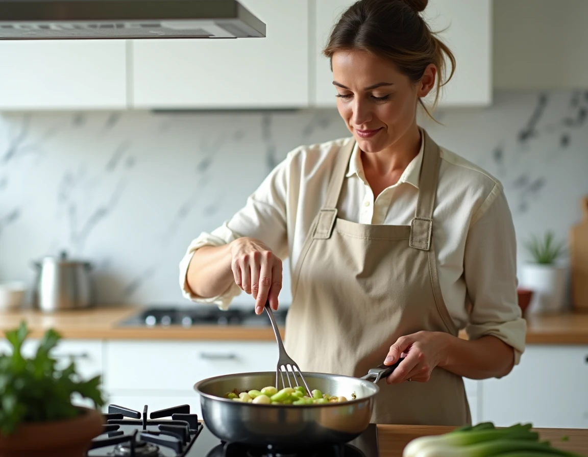 Femme préparant une fondue de poireaux maison en remuant des poireaux fondants dans une poêle