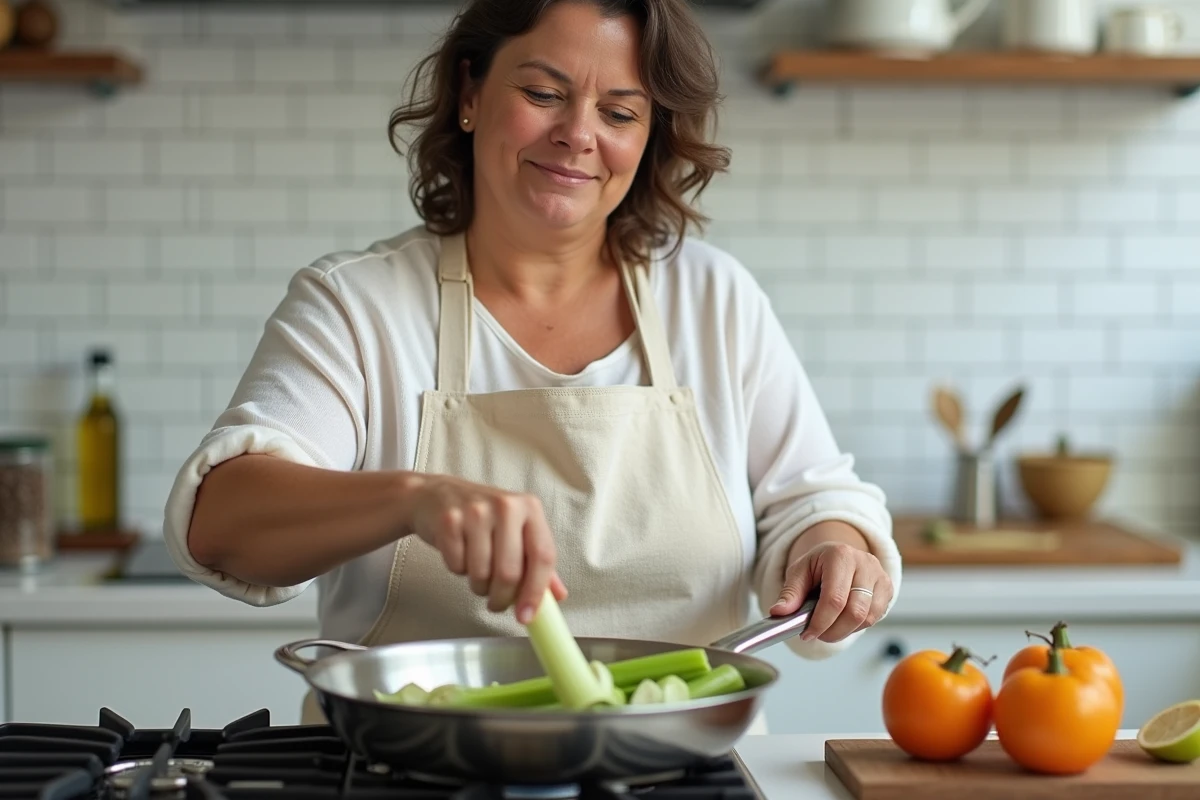 Femme préparant une fondue de poireaux légère dans une poêle sur une cuisinière à gaz dans une cuisine moderne