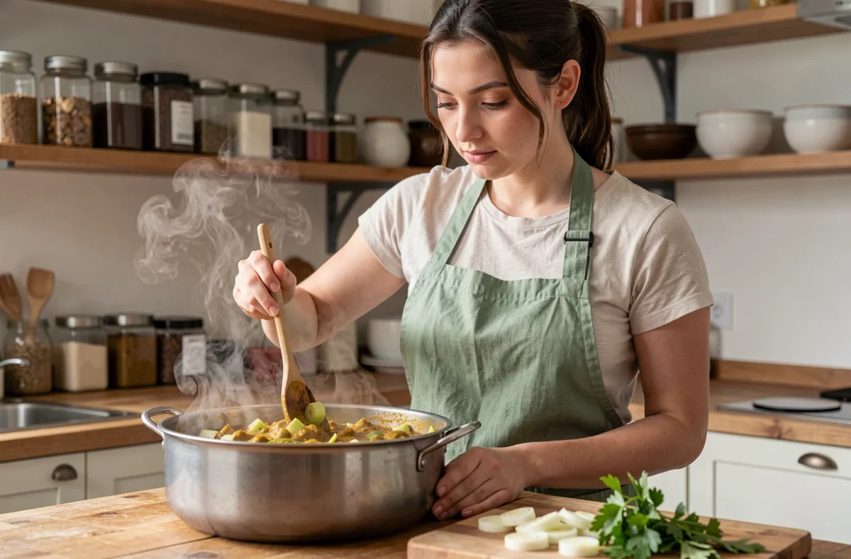 Jeune femme en tablier vert sauge remuant une fondue de poireaux au curry dans une casserole sur un plan de travail en bois