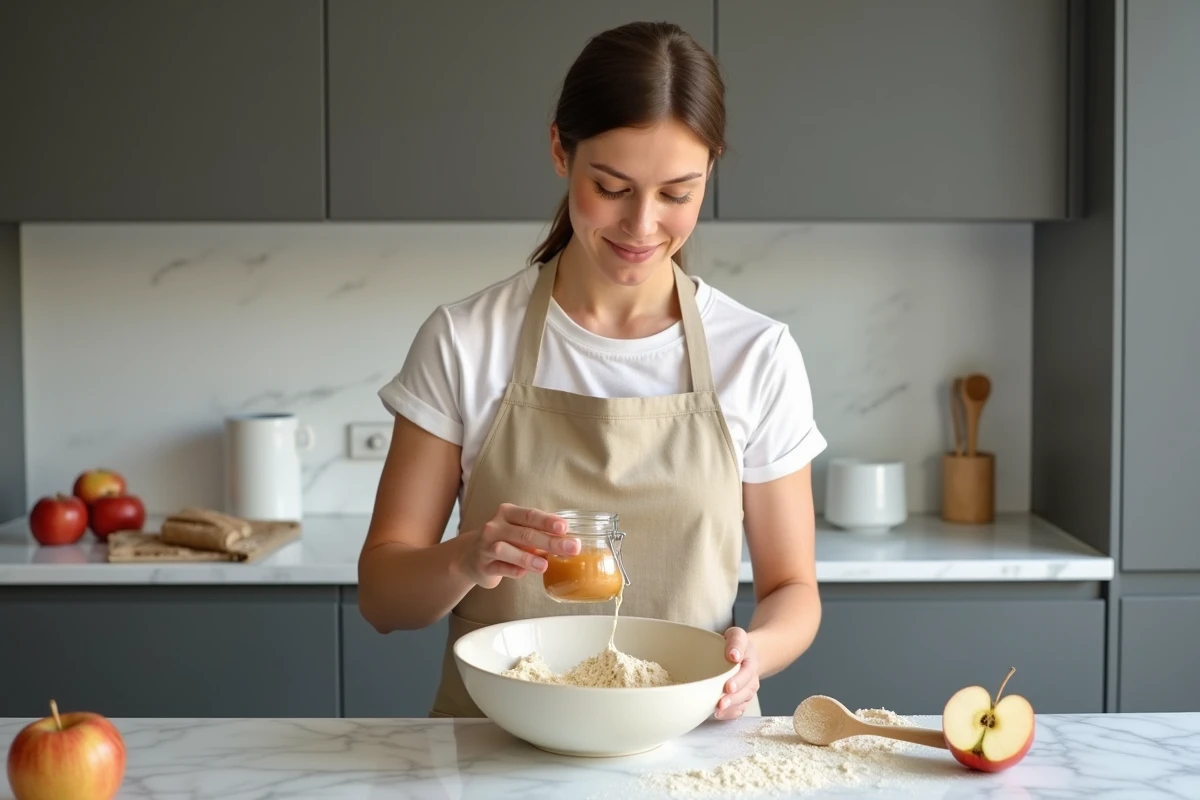 Femme versant de la compote de pomme dans une pâte à gâteau sans beurre dans une cuisine moderne et minimaliste