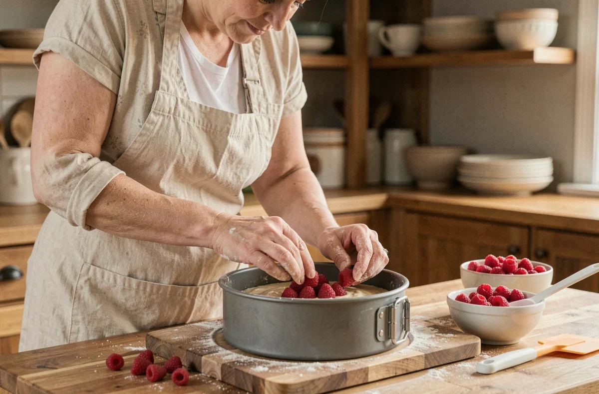 Femme disposant des framboises fraîches sur une pâte à gâteau crue dans un moule à charnière pour éviter que les fruits ne coulent à la cuisson