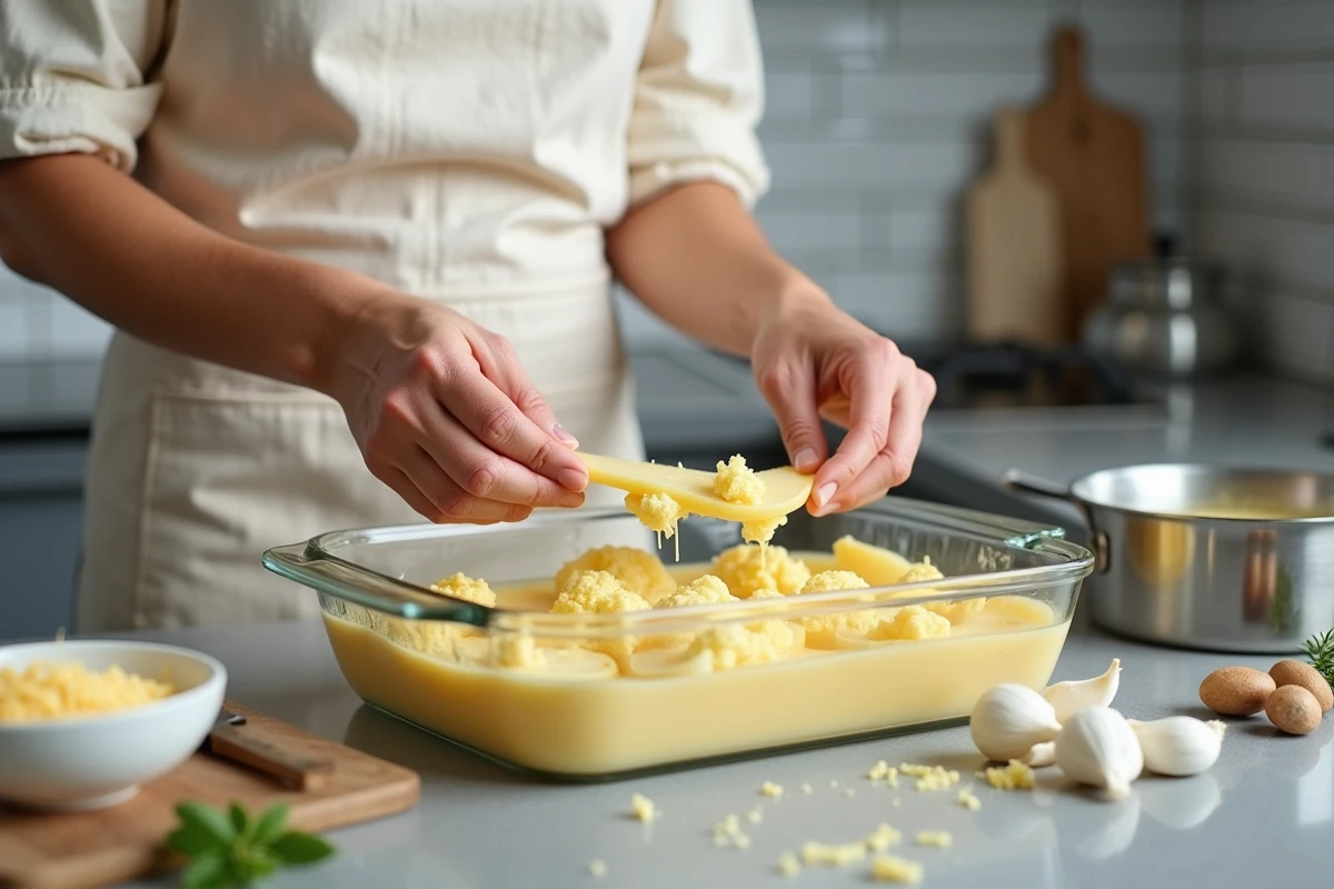 Femme préparant un gratin chou-fleur et pomme de terre maison en disposant les légumes en couches dans un plat, avec béchamel et gruyère râpé sur le plan de travail