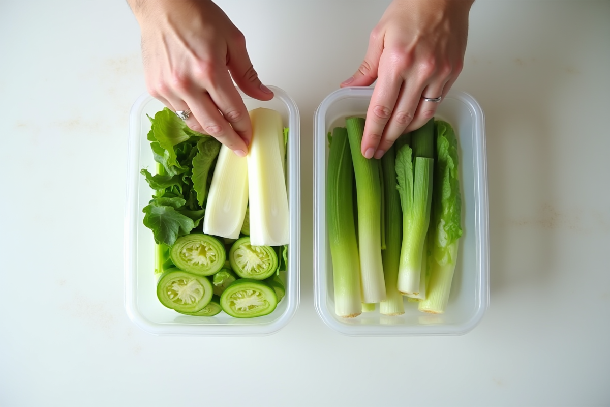 Mains préparant des légumes coupés dans des contenants blancs