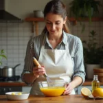 Femme préparant une mayonnaise maison en fouettant jaune d'œuf et moutarde dans un bol en verre sur un plan de travail en bois