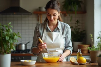 Femme préparant une mayonnaise maison en fouettant jaune d'œuf et moutarde dans un bol en verre sur un plan de travail en bois