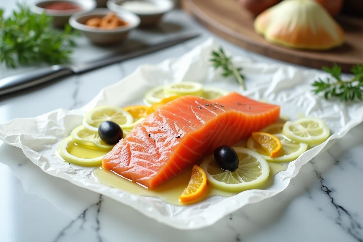 Préparation d'une papillote de saumon cru sur marbre avec fenouil, zeste d'orange et herbes fraîches, recette minceur facile