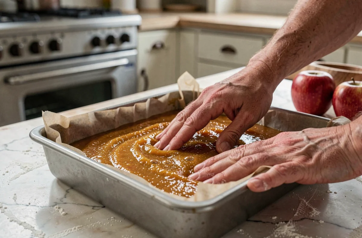 Mains de boulangère pressant la pâte de fruit à la pomme dans un moule tapissé de papier cuisson