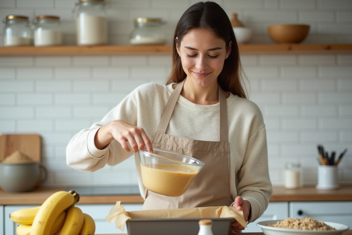 Femme préparant la pâte à pain aux bananes dans une cuisine moderne avec bananes mûres et ingrédients