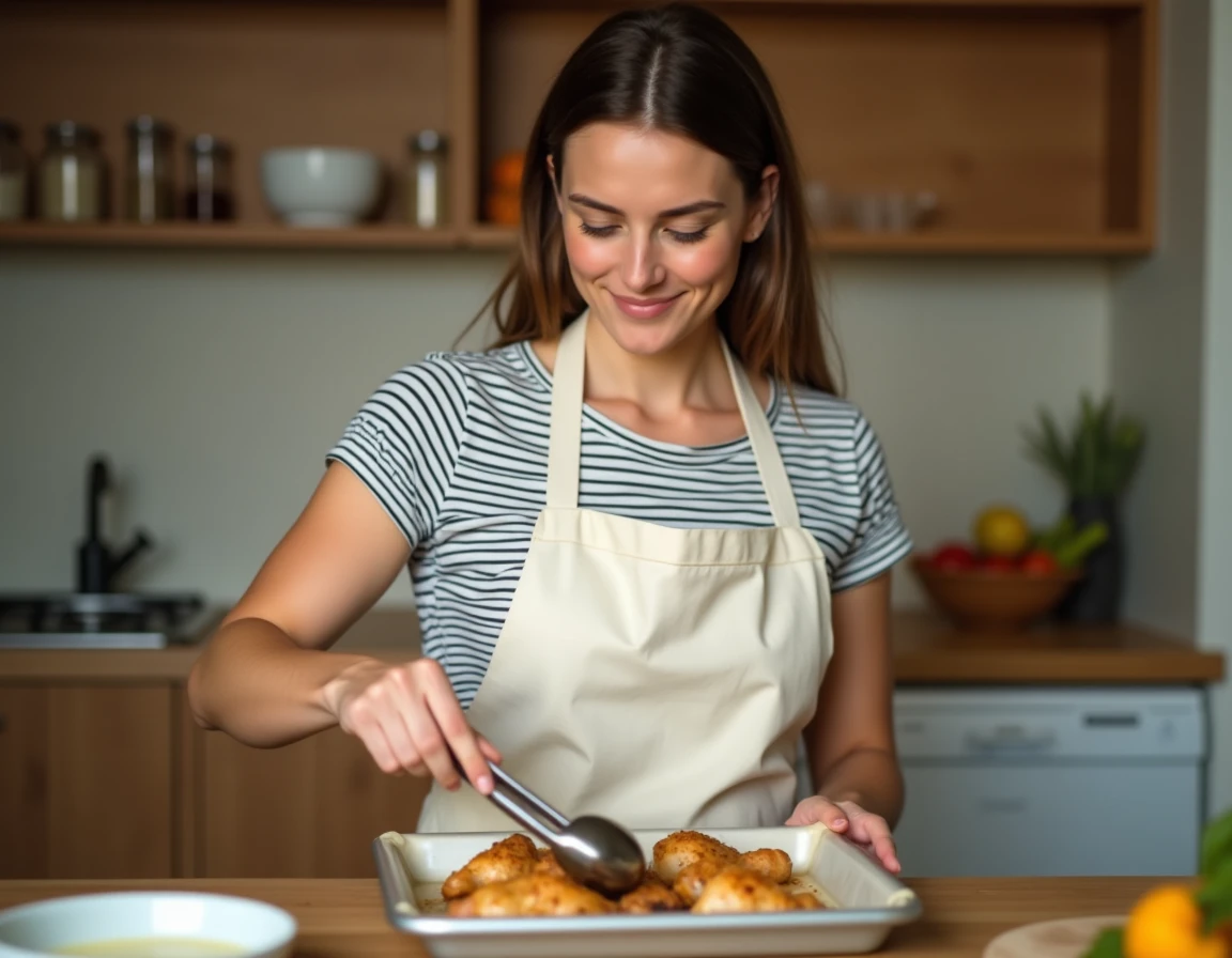 Jeune femme préparant des pilons de poulet sur une plaque de cuisson dans une cuisine familiale moderne, recette facile et douce
