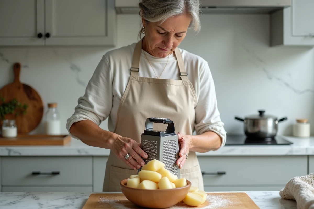 Femme râpant des pommes de terre fraîches sur une râpe en inox pour préparer une rapée sans gluten dans une cuisine moderne