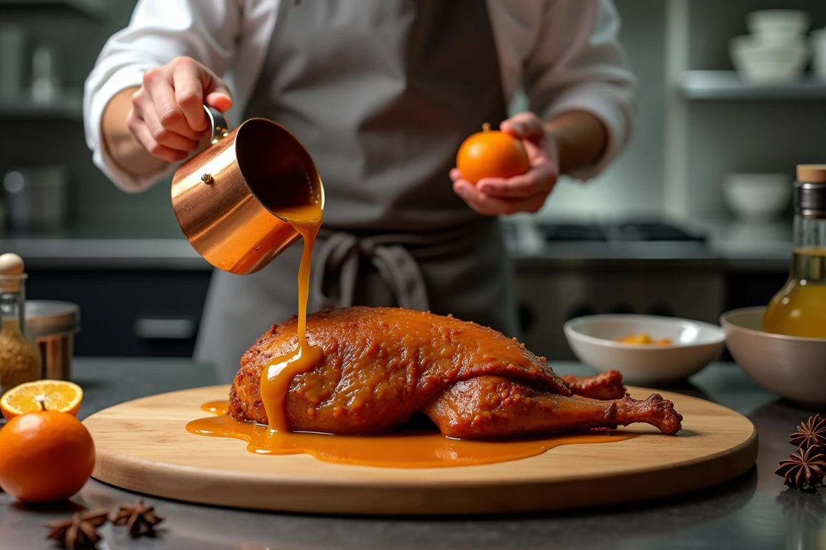 Chef versant une sauce réduction à l'orange sur un magret de canard entier reposant sur une planche en bois dans une cuisine professionnelle