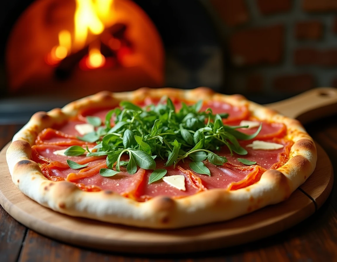 Pizza margherita garnie de prosciutto crudo et de roquette fraîche en finition avant service