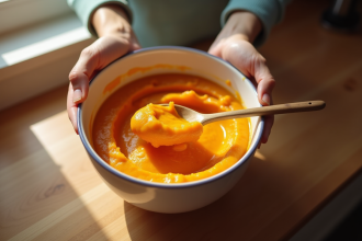 Mains prélevant de la purée de citrouille orange dans un bol sur un plan de travail en bois