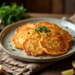 Rapée de pomme de terre sans gluten dorée et croustillante servie sur une assiette en céramique rustique avec crème fraîche et ciboulette