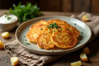 Rapée de pomme de terre sans gluten dorée et croustillante servie sur une assiette en céramique rustique avec crème fraîche et ciboulette
