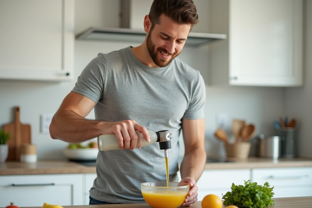 Homme rattrapant une mayonnaise en versant de l'huile en filet et mixant dans un bol sur un plan de cuisine moderne