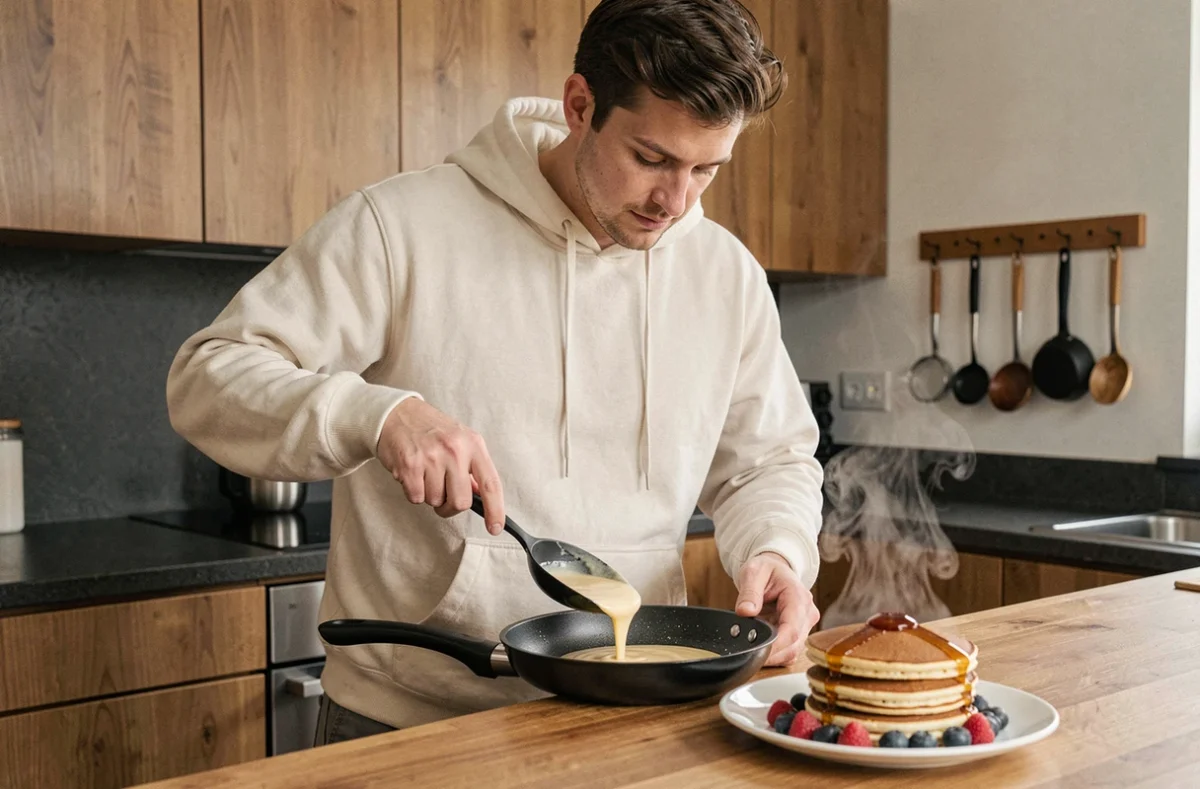 Homme préparant des pancakes maison pour un brunch du dimanche avec fruits rouges et sirop d'érable dans une cuisine moderne