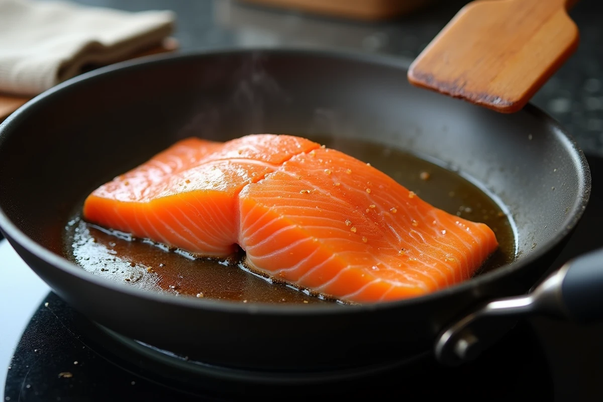 Réchauffage du cuir de saumon à la poêle antiadhésive pour retrouver le croustillant après conservation