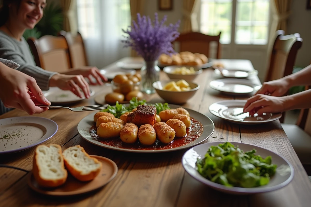 Repas dominical convivial en famille avec un plateau de crépinettes de porc, pommes de terre rôties et salade sur une grande table en bois