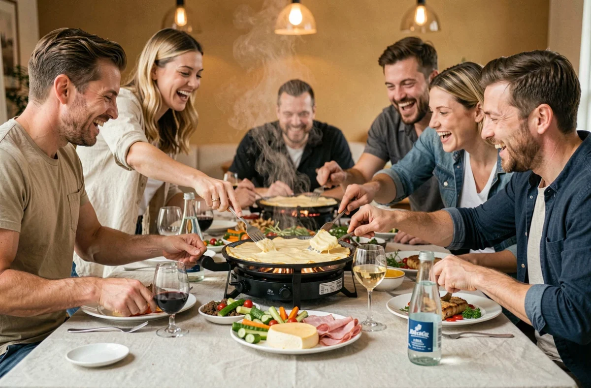 Groupe d'amis adultes autour d'un appareil à raclette lors d'un repas convivial avec charcuterie halal et légumes